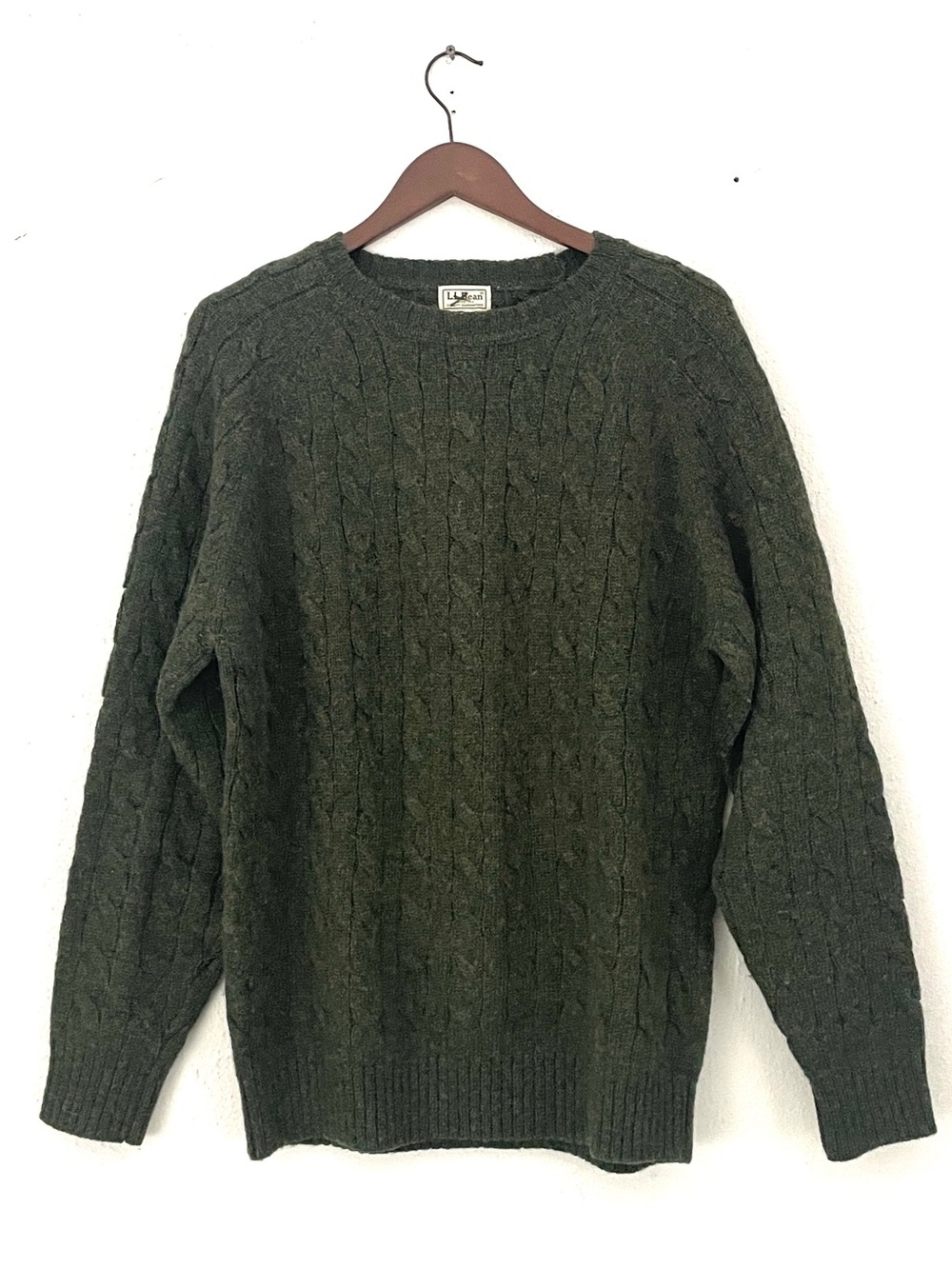 VTG LL Bean Cable Knit 100% Shetland Wool Crewneck Sweater, Green, Men’s Medium